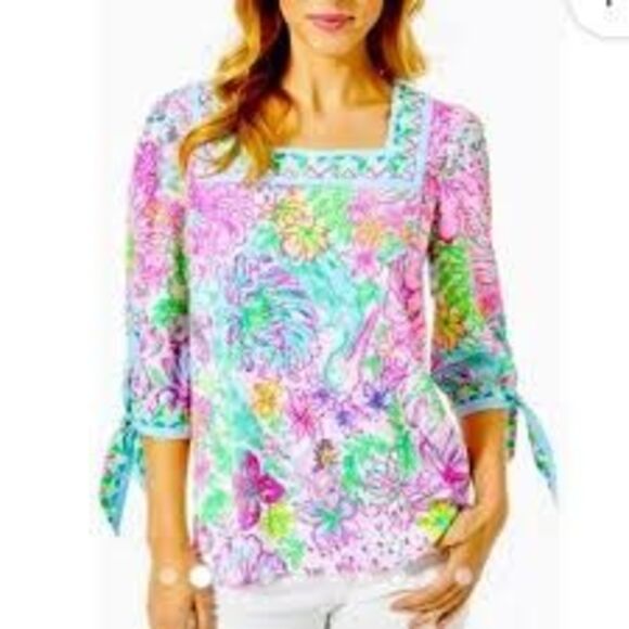 Lilly Pulitzer XL Madge Bow Cuff Blouse Tropical Floral Square Neck Pink Green - Picture 1 of 16